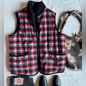 Vintage plaid wool reversible puffer vest coat jacket 90s